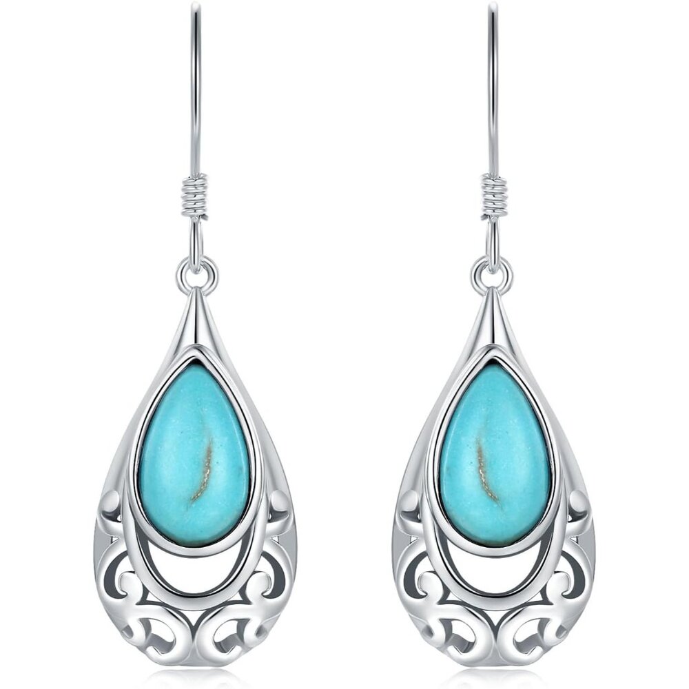 Silver Teardrop Turquoise Dangle Earrings For Women Hypoallergenic Boho Dangling